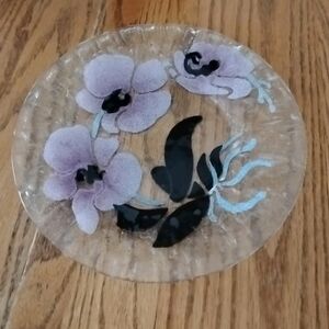 Sydenstricker Signed Fused Glass Plate  Violet Color Flowers Purple Black Leaves